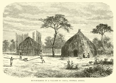 Costruzione di capanne in un villaggio di Uhiya, Africa Centrale da English School