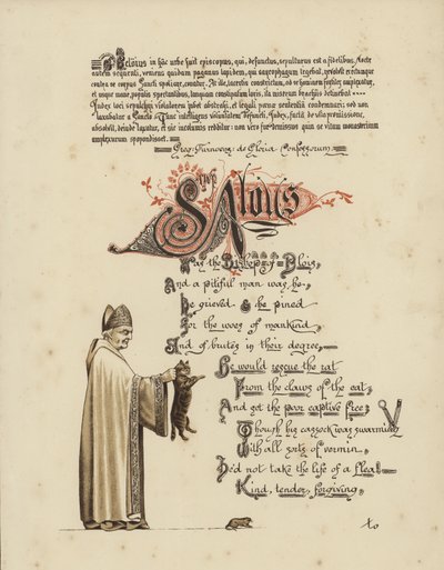 Poesia illustrata su un santo e un vescovo che liberano un topo dalle fauci del gatto da English School