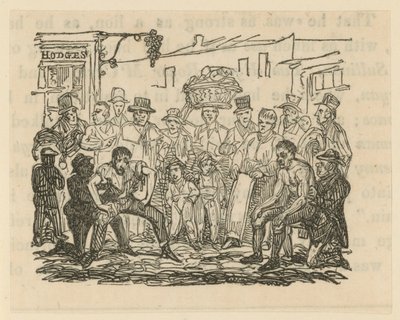 Illustrazione che raffigura una folla di persone che guardano un incontro di boxe da English School
