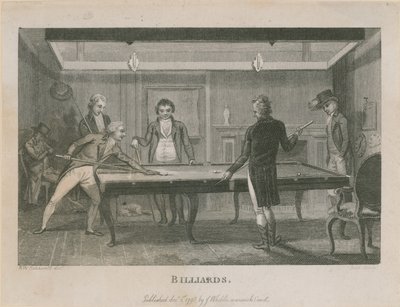 Illustrazione che raffigura un gruppo di uomini che giocano a biliardo da English School