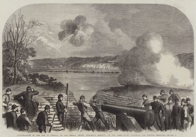 Illustrazioni della guerra in America, la batteria di Howlett sul fiume James, impegnata contro i monitor federali (incisione) da English School