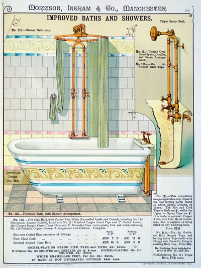 Bagni e docce migliorati da un catalogo di articoli sanitari prodotti da Morrison, Ingram & Co., Manchester, pubblicato c.1890 da English School