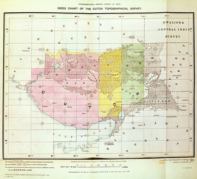 Carta indice del sondaggio topografico di Cutch dal ramo trigonometrico, Survey of India, Dehra Dun, novembre 1884 da English School