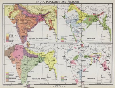 India, popolazione e prodotti (litografia a colori) da English School