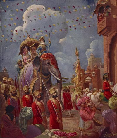 Processione indiana con elefante, dipinto di Sobha Singh, dal Supplemento Indiano dell