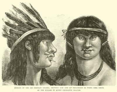 Indiani del Rio Oermejo (Brasile), che mostrano ornamenti per orecchie e labbra in legno, simili a quelli degli Hydah nelle isole Queen Charlotte da English School