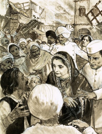 Indira Gandhi nella città di Ahmadabad durante i disordini da English School