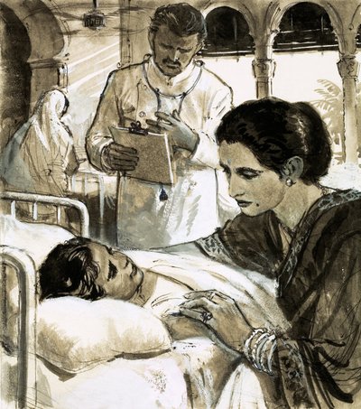 Indira Gandhi che veglia su un bambino in ospedale da English School