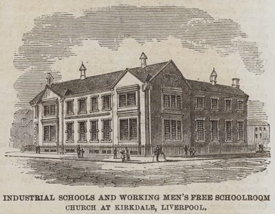 Scuole industriali e sala scolastica gratuita per lavoratori a Kirkdale, Liverpool (incisione) da English School