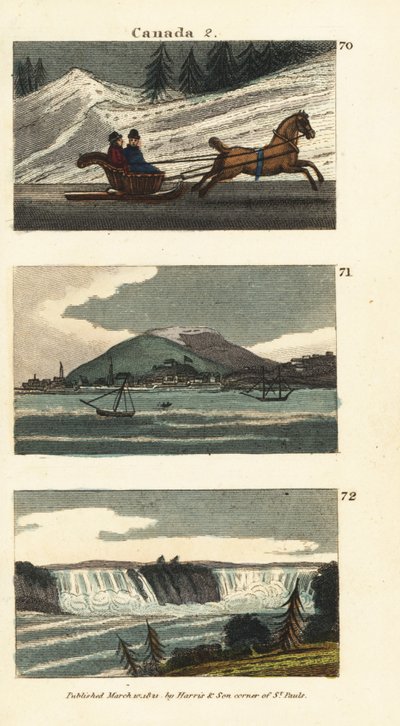 Abitanti di Quebec che cavalcano una cariole trainata da cavalli sul ghiaccio, vista di Montreal e vista delle Cascate del Niagara da English School