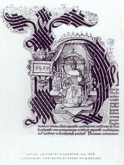 Lettera iniziale di una carta contenente ritratti di Enrico VIII e Wolsey, 1529 da English School