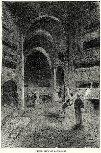 Vista interna delle catacombe (incisione) da English School
