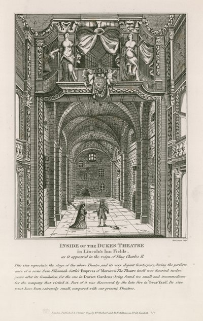 Interno del Teatro del Duca a Lincolns Inn Fields, come appariva durante il regno di re Carlo II da English School