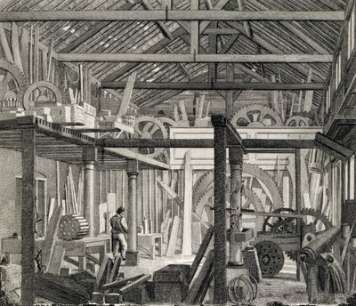 Vista interna della Casa di Riunione di John Bunyan in Zoar Street, Gravel Lane, Southwark, usata come officina e segheria, c.1822 da English School