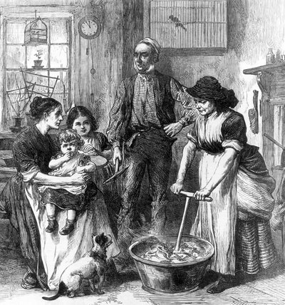 Interno di una casa di minatore (incisione) da English School