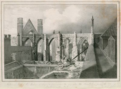 Veduta interna delle Case dei Lord e dei Comuni il giorno dopo gli incendi presa dalla cima della Westminster Hall da English School