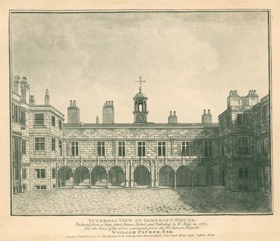 Vista interna di Somerset House, The Strand, Londra; basata su una stampa disegnata da W Moss nel 1777 da English School