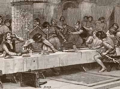Interruzione della cena di Natale di Balliol, illustrazione da Cassells Illustrated History of England da English School