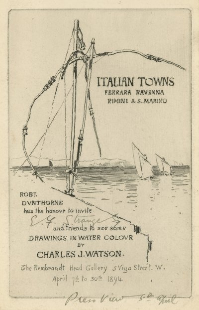 Invito a una mostra di disegni ad acquerello di Charles J Watson da English School