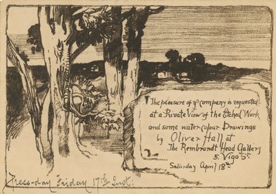 Invito a una mostra di disegni ad acquerello di Oliver Hall da English School