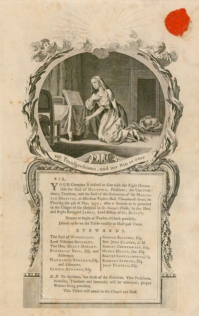 Invito a cena con il Diritto Onorevole Conte di Hertford il 4 maggio 1775 da English School