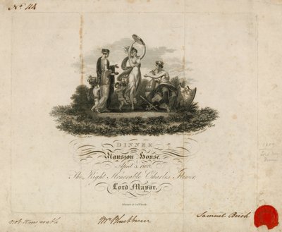 Invito alla cena del Lord Mayor alla Mansion House, Londra, 3 aprile 1809 da English School