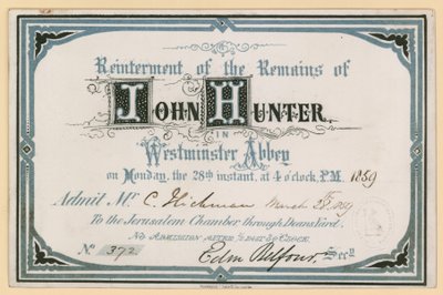 Invito alla riesumazione dei resti di John Hunter nell
