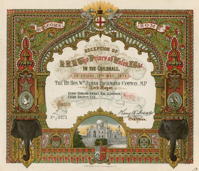 Invito alla reception di SAR Il Principe di Galles alla Guildhall, Londra, il 19 maggio 1876 da English School
