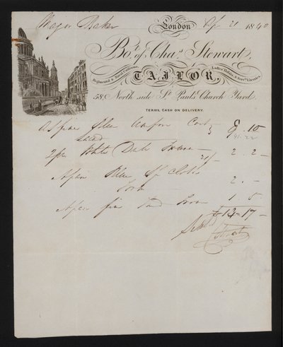 Fattura di Charles Stewart, sarto, St Paul