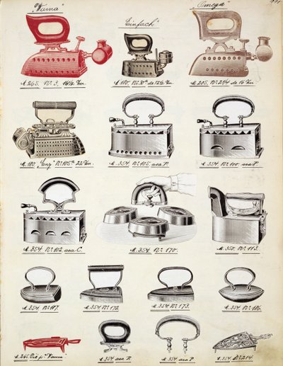 Ferri da stiro, da un catalogo commerciale di beni domestici e accessori, c.1890-1910 da English School