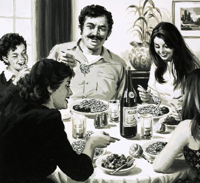 Famiglia italiana che mangia spaghetti a cena da English School