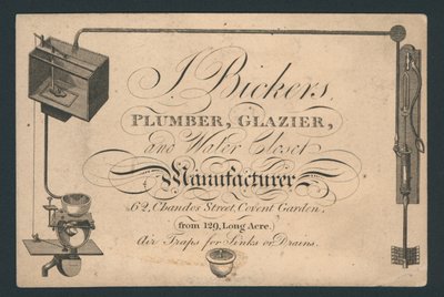 J Bickers, idraulico, vetraio e produttore di water closet, 62 Chandos Street, Covent Garden, biglietto da visita da English School
