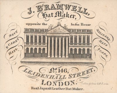 J Branwell, cappellaio, 146 Leadenhall Street, biglietto da visita da English School