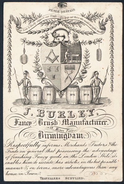 J Burley, produttore di spazzole di fantasia, biglietto commerciale da English School
