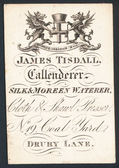 James Tisdall, Callenderer, seta e moreen waterer, biglietto da visita da English School