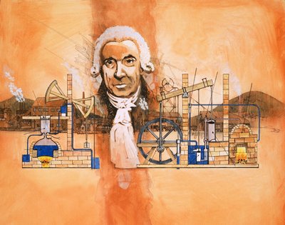 James Watt con forni e pompe meccaniche sullo sfondo da English School