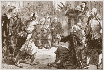Janet Geddes che lancia il suo sgabello al Decano di Edimburgo, illustrazione da The History of Protestantism di James Aitken Wylie, pub. 1878 da English School