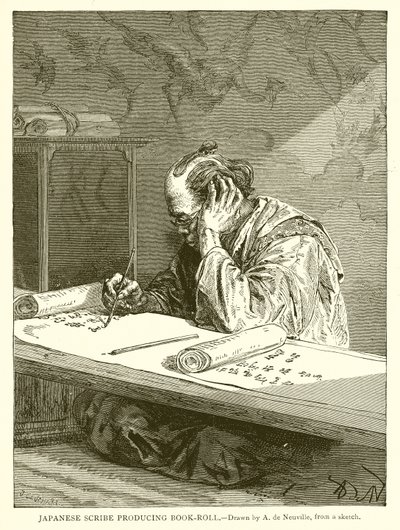 Scrivano giapponese che produce un rotolo di libro da English School