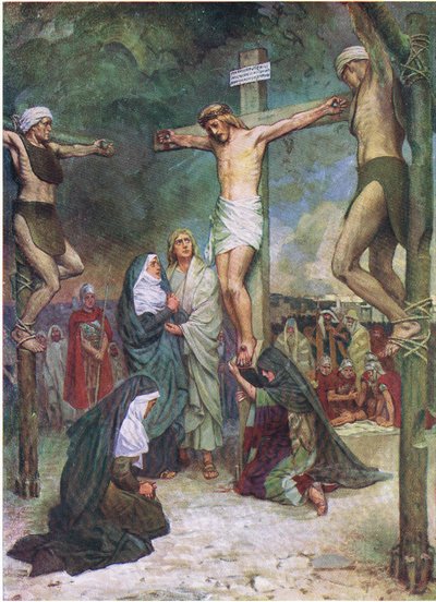 Gesù sulla croce, da The Bible Picture Book pubblicato da Thomas Nelson, c.1950 (litografia a colori) da English School