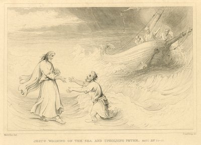 Gesù cammina sul mare e sostiene Pietro, Matteo XIV, 24-33 (incisione) da English School