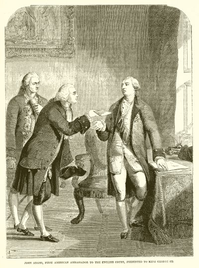 John Adams, primo ambasciatore americano alla corte inglese, presentato a re Giorgio III da English School