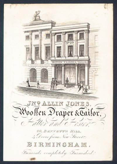 John Allin Jones, drappiere e sarto di lana, cappellaio e merciaio da English School