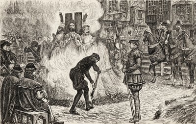 John Bland, John Frankesh, Nicholas Sheterden e Humphrey Middleton bruciati vivi per eresia nel XVI secolo, c.1865 (incisione su legno) da English School