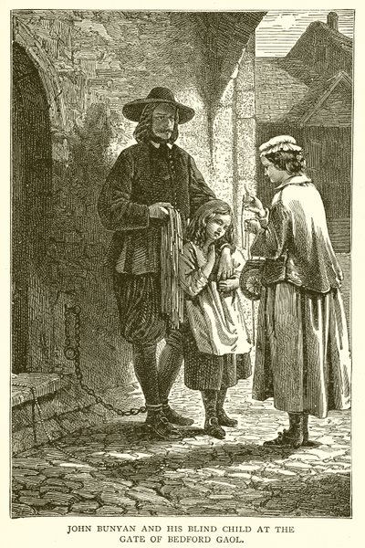 John Bunyan e il suo bambino cieco al cancello della prigione di Bedford da English School