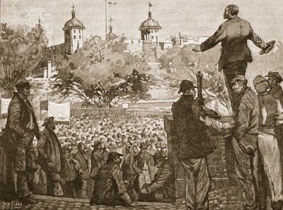 John Burns parla a una riunione di scaricatori di porto a Tower Hill, 1889, illustrazione da Cassells Illustrated History of England da English School