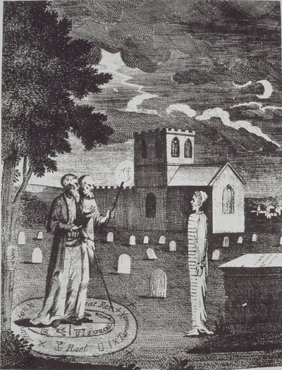 John Dee ed Edward Kelly che evocano i Morti, da una Storia della Magia, pubblicato alla fine del XIX secolo da English School