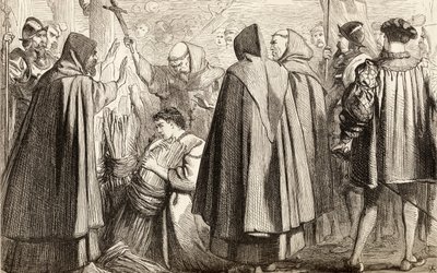 John Frith in procinto di essere bruciato sul rogo per eresia nel 1533, c.1865 da English School