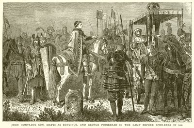 Il figlio di Giovanni Hunyadi, Mattia Corvino, e Giorgio Podiebrad nel campo davanti a Spielberg nel 1468 da English School
