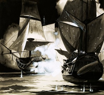 La nave di John Paul Jones - un relitto in fiamme da English School