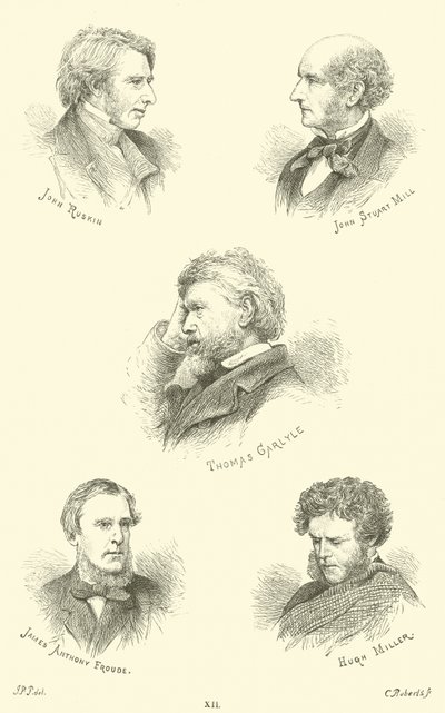 John Ruskin, John Stuart Mill, Thomas Carlyle, James Anthony Froude, Hugh Miller da English School